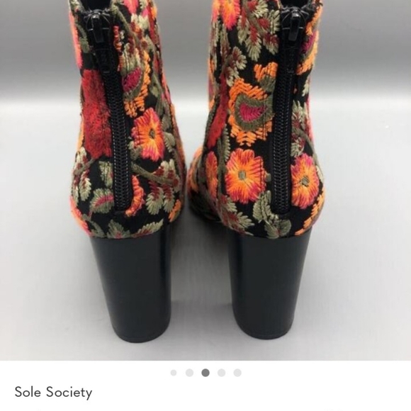 Sole Society Boots Womens 7.5 Ankle Black Floral Embroidered Block Heel Zip - Picture 4 of 5